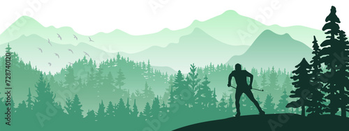 Cross-country-skiing in magical misty landscape. Mountains, forest in the background. Green illustration. Man, skiing. Horizontal nature picture, banner. 