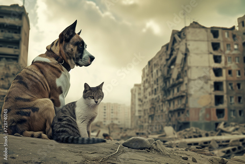 An abandoned homeless stray dog and cat sit side by side in a war-torn city. Copy space. photo