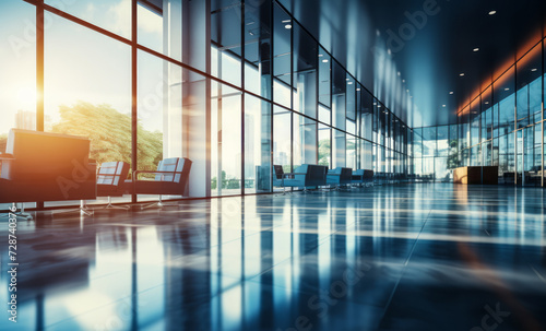 Modern corporate office building interior with glass walls, reflective floor, and natural light, creating a sleek professional business atmosphere