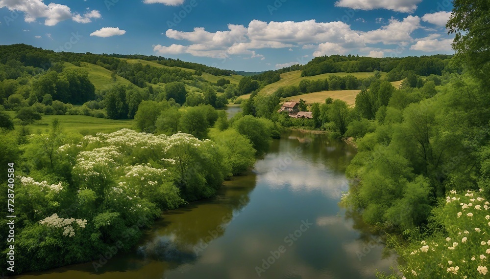 Beautiful panoramic photo. Summer is starting. Sunny, good weather, warm. Green beautiful trees, grass, bushes, flowers. Everything blooms and shines.
