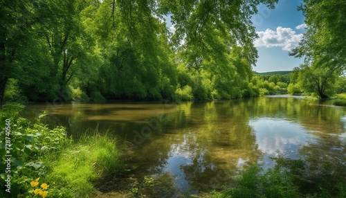 Beautiful panoramic photo. Summer is starting. Sunny  good weather  warm. Green beautiful trees  grass  bushes  flowers. Everything blooms and shines.