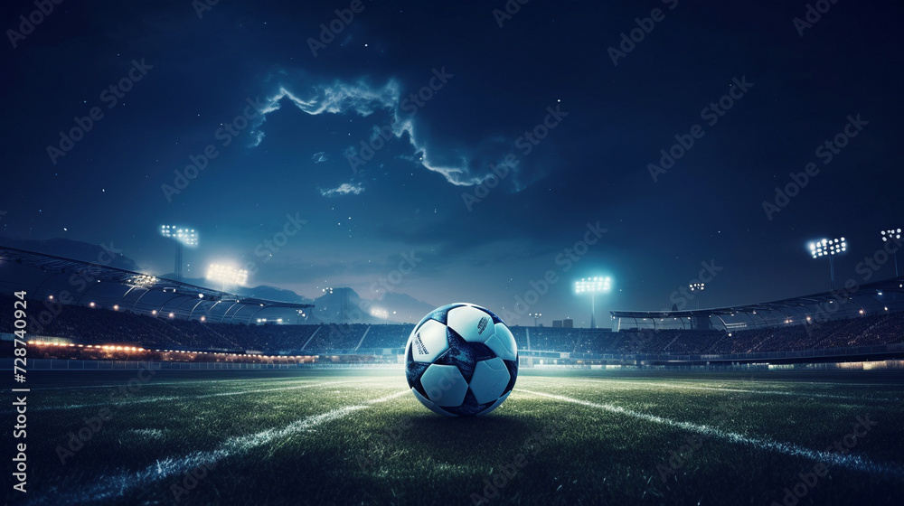 Soccer Ball on Grass at Night, Empty Stadium with Lights