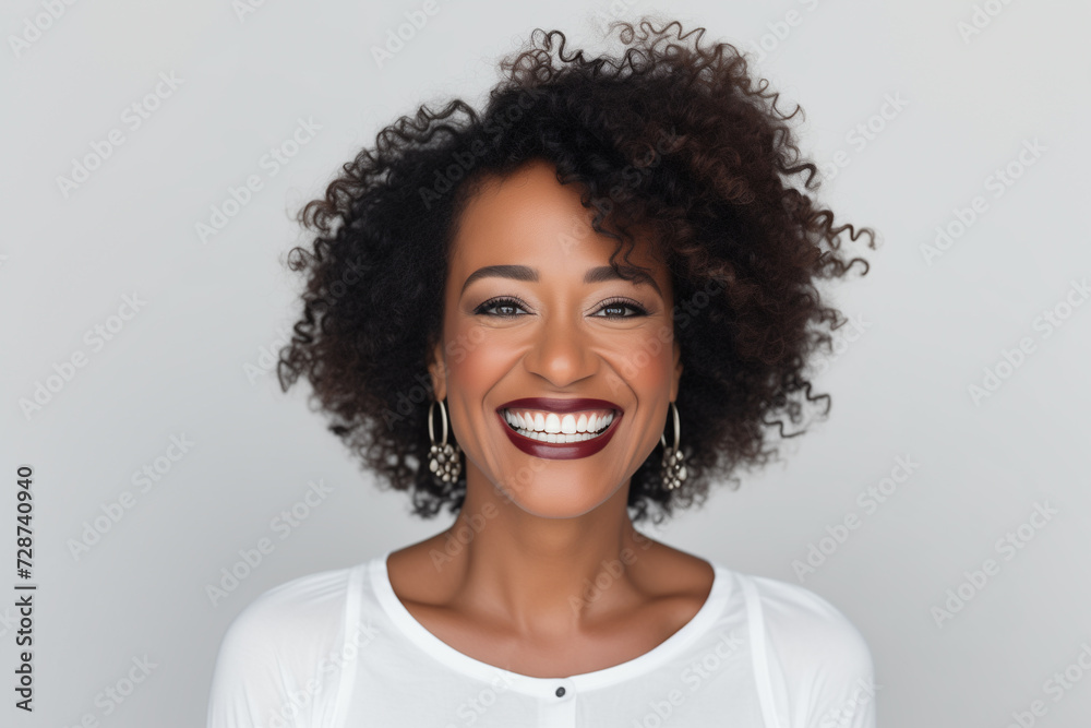 A photo portrait of a beautiful afro-american woman over 40 years old, smiling with clean teeth, perfect teeth. Highlighted on a white background, for advertising and web design A photo portrait of a beautiful afro-american woman over 40 years old, smiling with clean teeth, perfect teeth. Highlighted on a white background, for advertising and web design