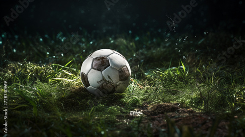 Illuminated Soccer Ball on Fresh Green Grass at Twilight © swissa