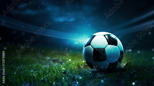 Illuminated Soccer Ball on Fresh Green Grass at Twilight © swissa