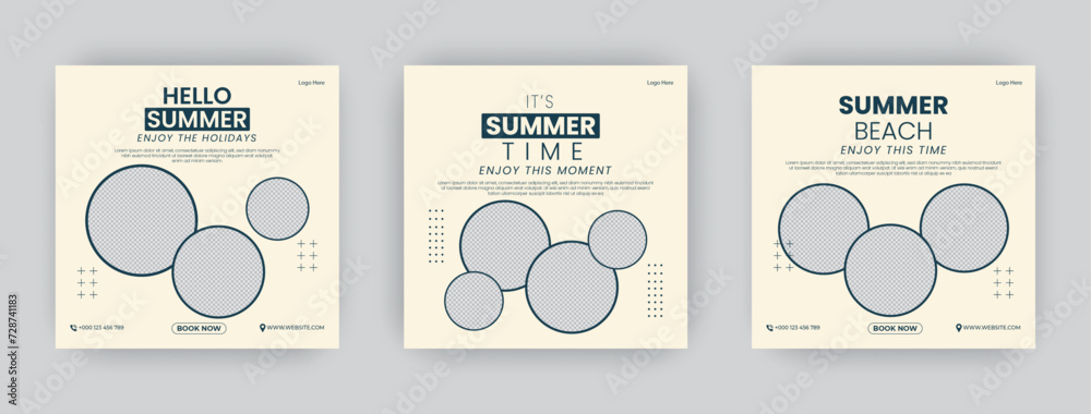 Summer Vacation Template. set of three holiday, tourism, international travel, social media post template minimal design. free spaces for images - obrazy, fototapety, plakaty 