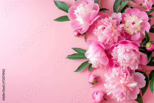 Fototapeta Naklejka Na Ścianę i Meble -  Tender peonies on pink background with copy space. Abstract natural floral frame layout with text space.