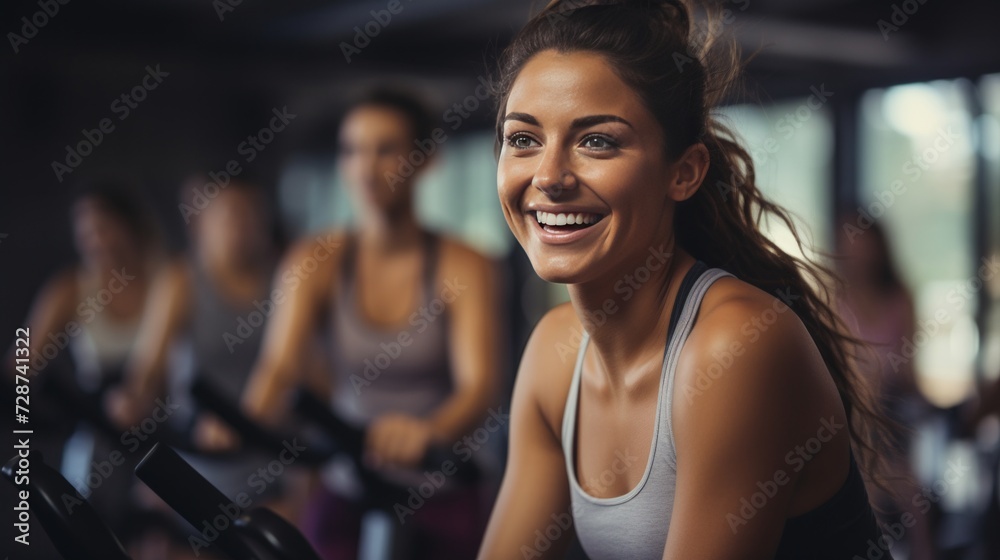 A cyclist attending a spinning class, motivated by an energetic instructor. A cyclist attending a spinning class, motivated by an energetic instructor.