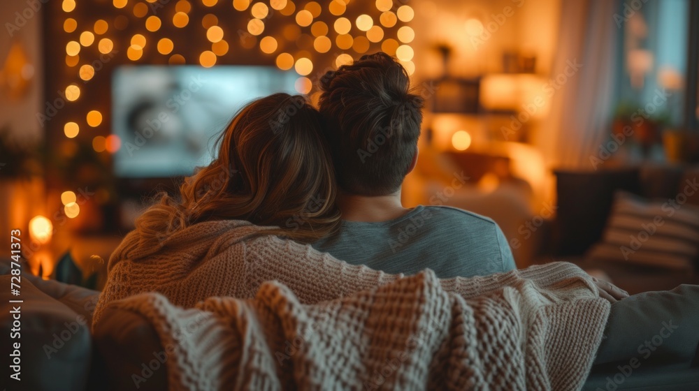A couple cuddling on the couch, watching a heartwarming movie together