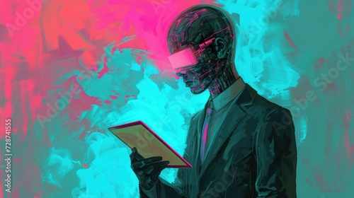 illustration in which a man is wearing a suit and holding a tablet, colorful surrealist, pop art prints