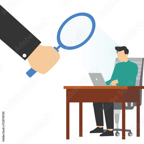 micro-manager boss using magnifying glass keeps eye on employees work. Micromanagement bosses and toxic managers monitor every detail, oversight, and control over employee work and processes.