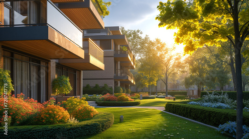 A sunny day view of a modern apartment building with a landscaped garden in the foreground