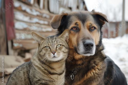 An abandoned homeless stray dog and cat with sad unhappy eyes sit huddled close together on a winter street.