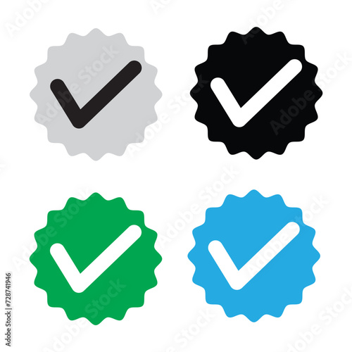 Verify or checkmark icons vector in four different colour . Instagram verification icon, twitter blue checkmark isolated in white background in eps 10.