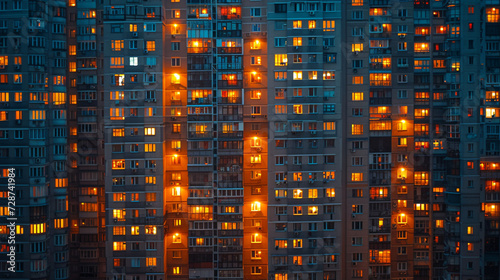 Twilight over a high-rise apartment complex with lights turning on in various units
