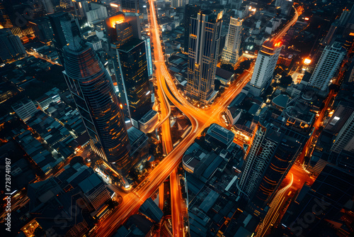 Aerial view of a bustling commercial district at twilight, city lights