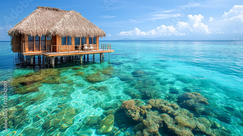 Secluded Overwater Hut in Serene Tropics. A solitary overwater hut with a thatched roof in the clear tropical waters.