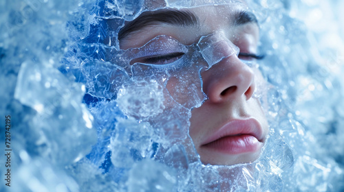 Close-up of a woman's face during cryopreservation, surrounded by ice