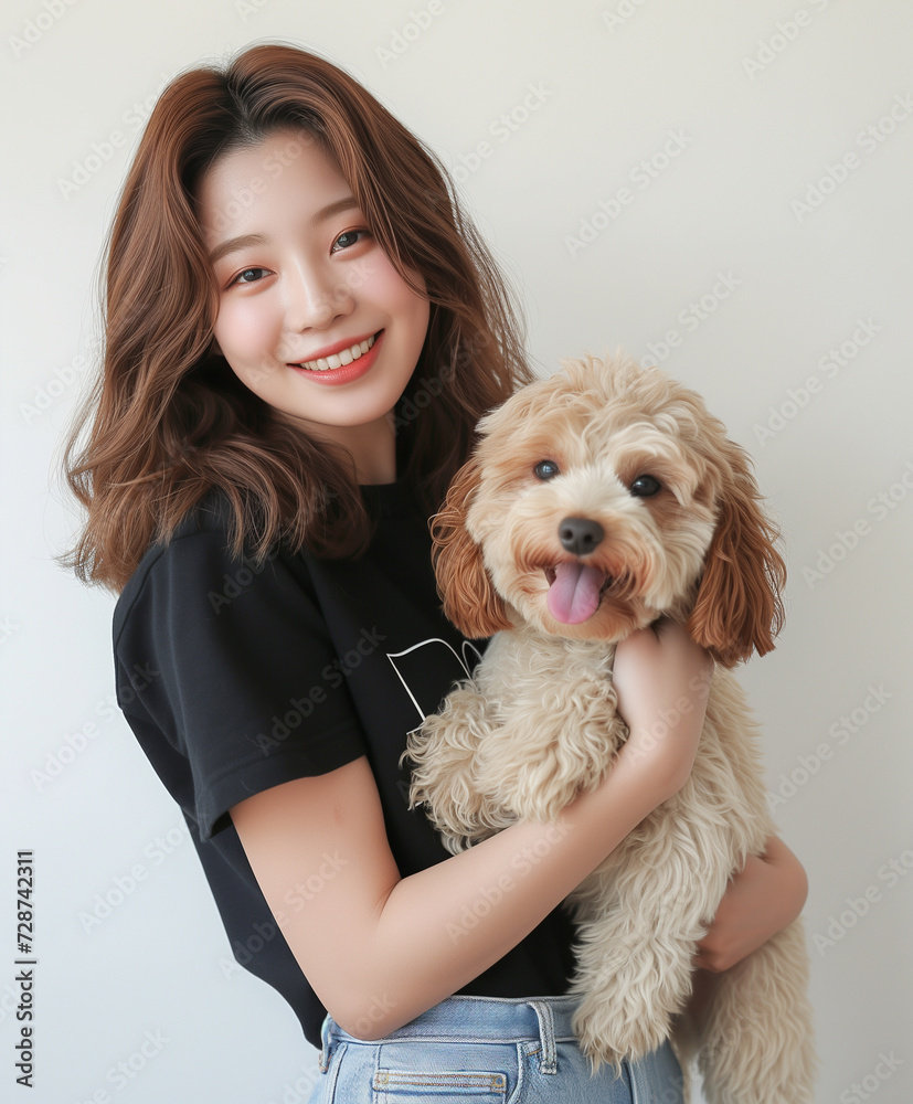 Pretty Korean woman with a cute smiling labradoodle puppy Pretty Korean woman with a cute smiling labradoodle puppy