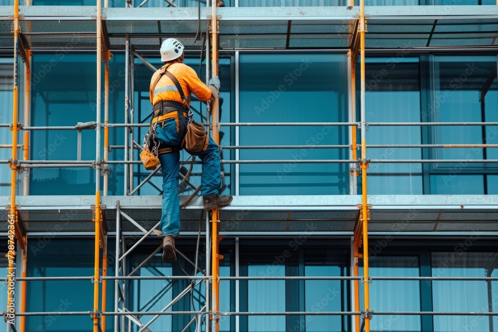 Operator working at height on scaffolding, with helmet and harness. Work safety concept