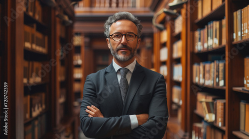 A headshot of a lawyer in a law library, exuding confidence and authority.