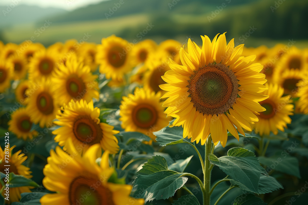 A field of sunflowers swaying in the breeze, symbolizing the resilience and positivity associated with the arrival of spring. Concept of sunflower symbolism. Generative Ai.