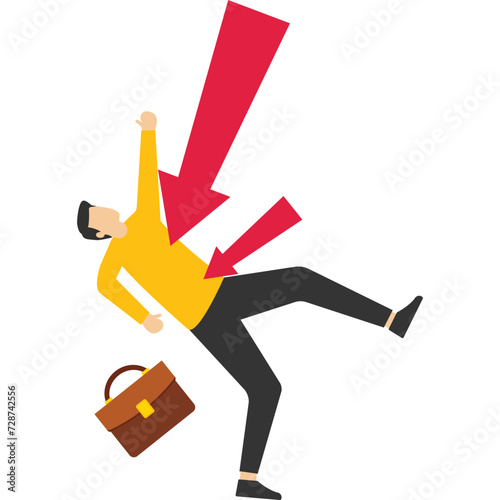 Bankrupt concept. Businessman stabbing graphic. economic downturn, profit, and loss, business and finance, crisis, loss of money business vector. Financial downturn arrow, global recession effect.
