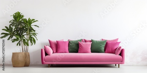 Green blanket, pink pillows, sofa, living room, plant, white wall, copy space