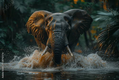 An elephant joyfully splashing in a watering hole surrounded by lush greenery, illustrating the carefree spirit of wildlife in their natural habitat. Concept of joyful wildlife. Generative Ai.