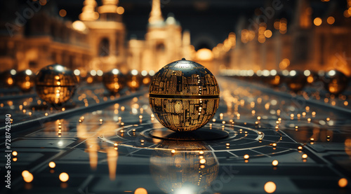 A future cityscape view through a golden color transparent glass globe sphere on the floor with architectural town background at the back drop and blurred bright lights dots   