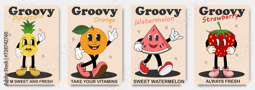 Groovy 70s posters with retro fruits cartoon characters.  Strawberry, watermelon, pineapple, Orange. Cartoon characters in trendy retro style, comic mascot characters