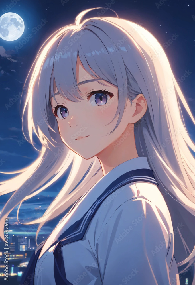 Woman with long hair smiling slightly in the moonlight. Generative AI Woman with long hair smiling slightly in the moonlight. Generative AI
