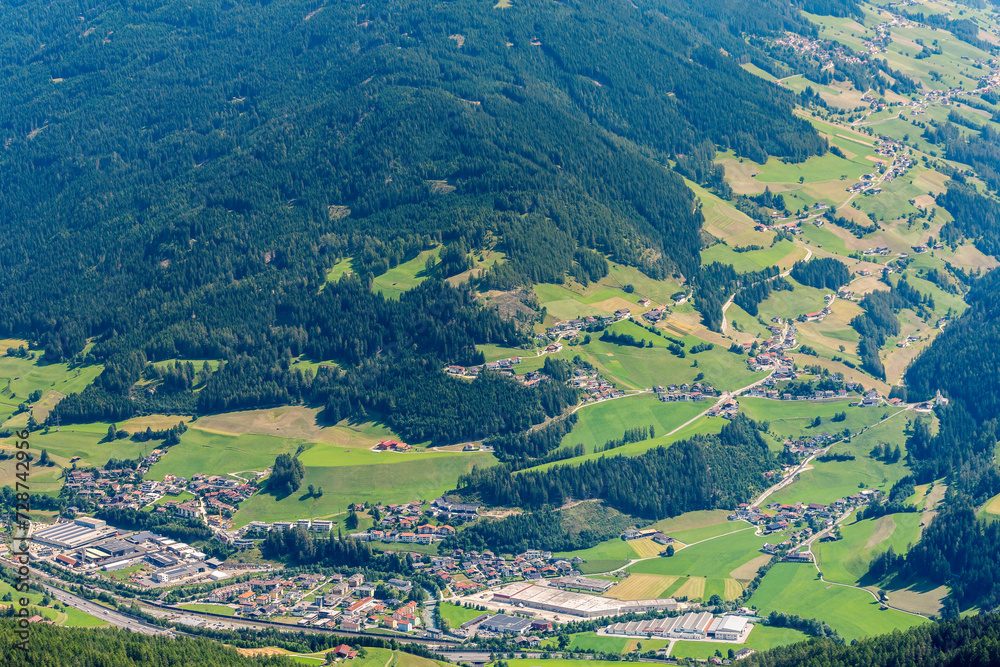 View of the small market town of Matrei am Brenner from Blaser Mount, North Tyrol, Austrian Alps.