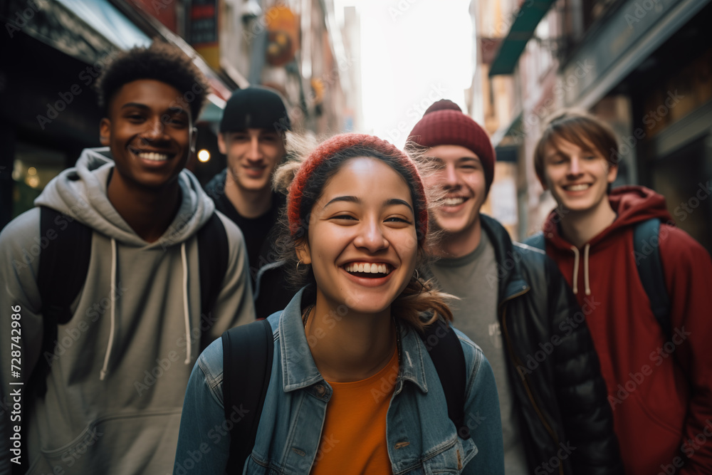 Multi-ethnic students smiling at camera in the street Multi-ethnic students smiling at camera in the street