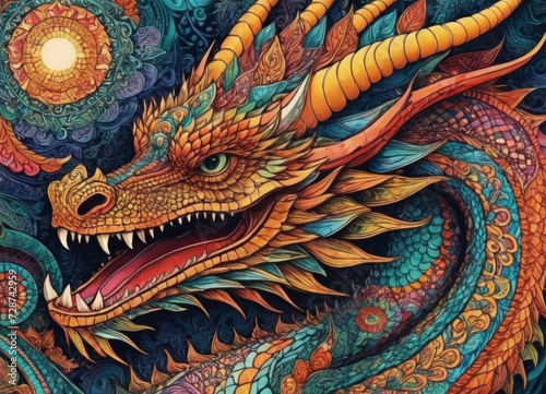 Majestic colorful dragon among bright colors