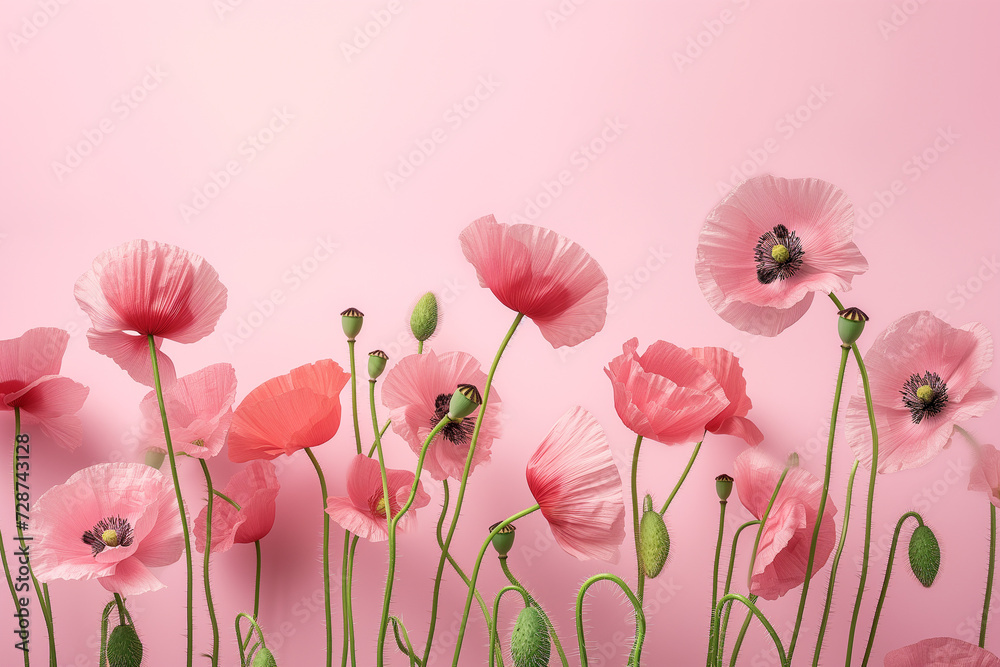 Wildflowers pink poppies on pink background. Copyspace