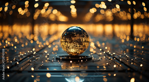 Golden color background with transparent globe on the floor with architectural city background and beautiful bright light dots around 