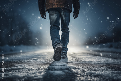 Legs of a man walking among snow in a road