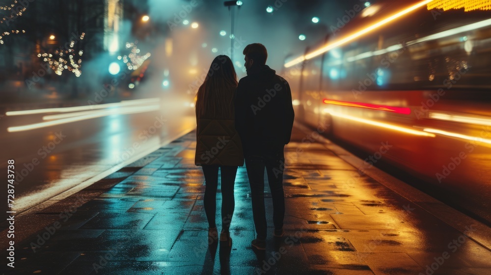 love couple stand on the street, slow shutter speed photography, motion blur