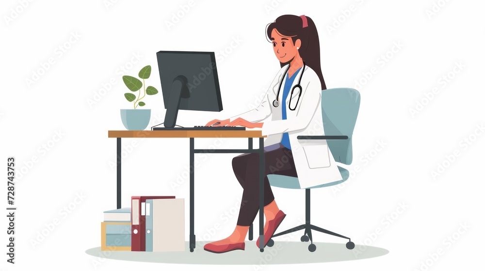 young girl doctor sitting at the computer, web illustration, white background young girl doctor sitting at the computer, web illustration, white background