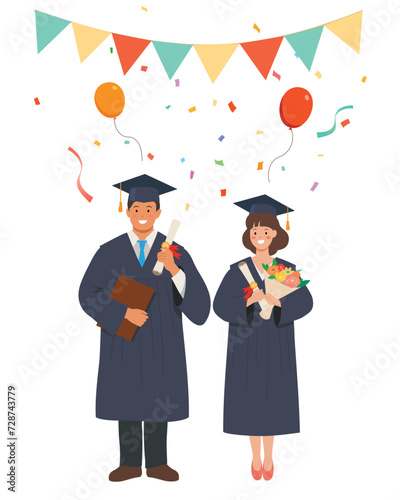 High school or college graduation. Graduation celebration party. Education and academics. Vector illustration of graduation celebrating with family and friends.