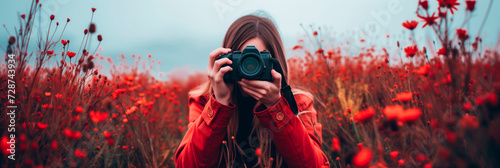 Woman in a red jacket with a camera in a field with red flowers under a cloudy sky © NadezhdaShestera