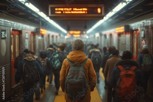 A crowded subway station during rush hour, capturing the collective movement without highlighting individual faces. Concept of shared anonymity in transit. Generative Ai.