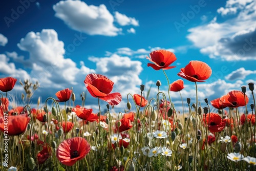 Vivid red poppies and white daisies under a blue sky with fluffy clouds