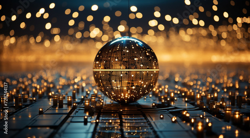 A future cityscape view through a golden color transparent glass globe sphere on the floor with architectural town background at the back drop and blurred bright lights dots 