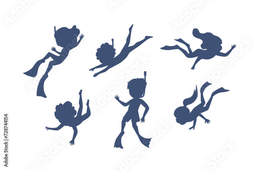 Silhouettes, snorkeling children, set of vector illustrations on white