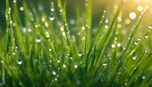 Original beautiful background image in banner format of juicy freshgrass with dew drops illuminated by morning sun in nature.
