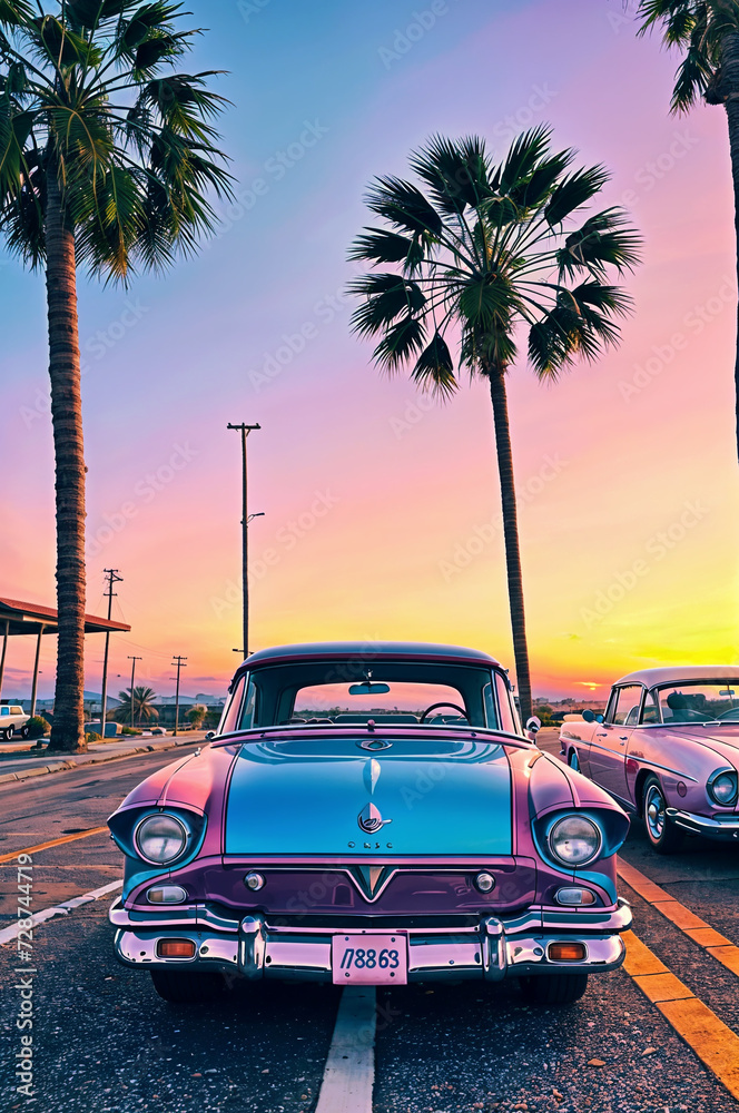 A vintage retro car is parked near the beach against the backdrop of sunset and silhouettes of palm trees. Decorative background, concept of summer, travel, holidays and freedom.	