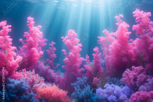 An abstract shot of a coral reef in shades of coral pink  showcasing the diverse and vibrant marine life within a single color range. Concept of monochromatic underwater ecosystems. Generative Ai.