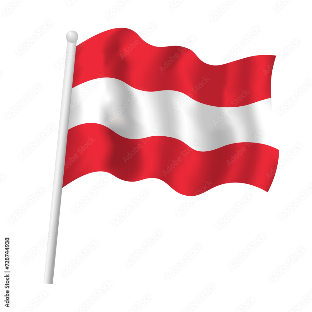 Waving Austria flag on flagpole. Austrian striped tricolor flag vector isolated object illustration Waving Austria flag on flagpole. Austrian striped tricolor flag vector isolated object illustration